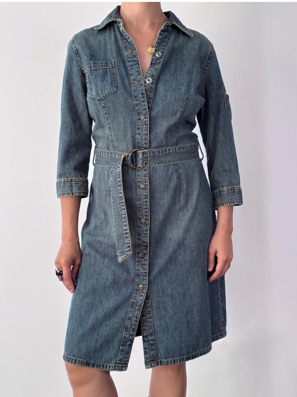 Y2K vintage GUESS classic blue denim jean belted snap button up midi dress tunic